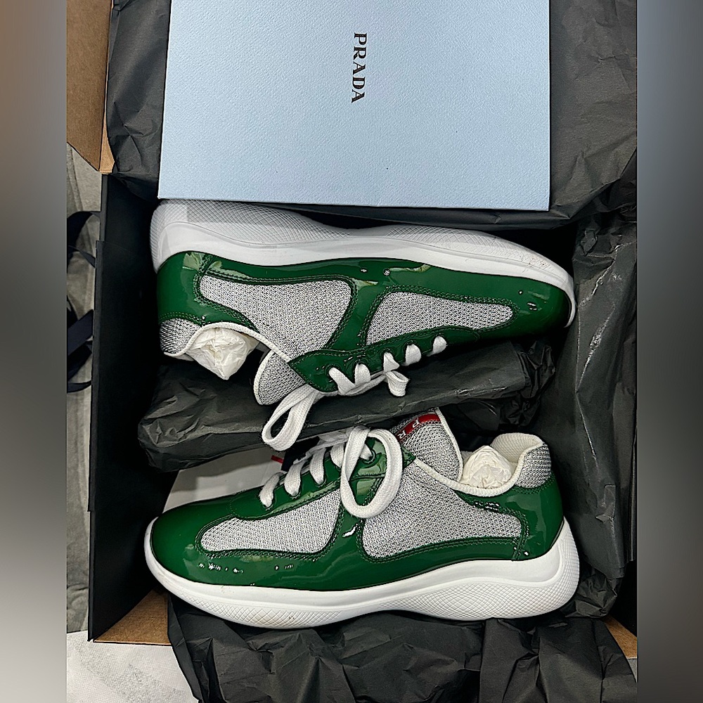 Prada Green and Gray Patent Leather Sneakers